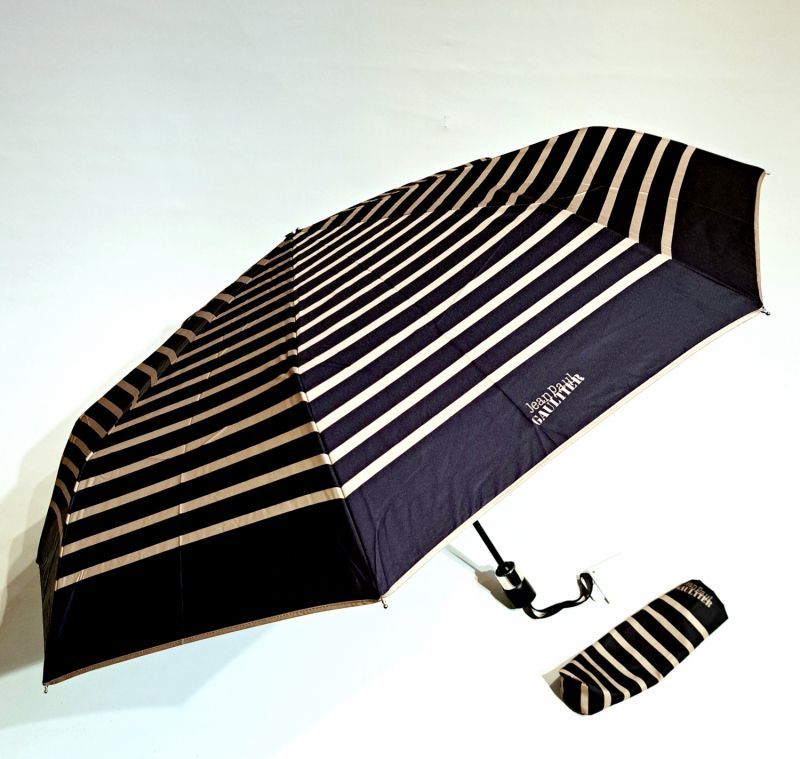 Parapluie français Jean Paul Gaultier pliant mini ouvrant & fermant marinère noir & beige - Léger & résistant
