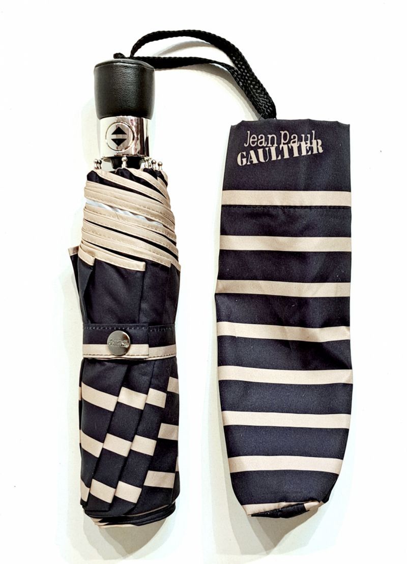 Parapluie français Jean Paul Gaultier pliant mini ouvrant & fermant marinère noir & beige - Léger & résistant