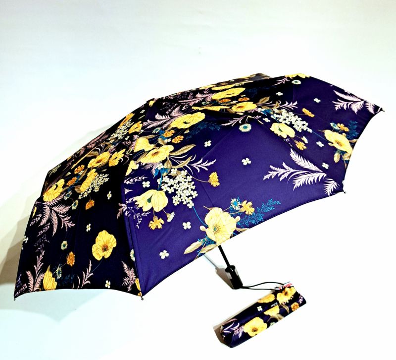 Parapluie mini pliant automatique bleu marine imprimé fleurs jaune Neyrat Autun - léger & résistant