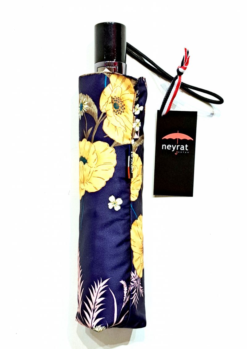 Parapluie mini pliant automatique bleu marine imprimé fleurs jaune Neyrat Autun - léger & résistant