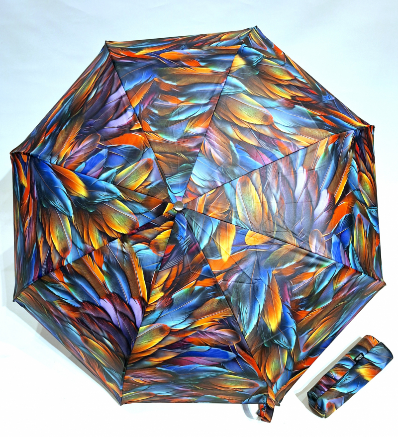 Parapluie mini pliant auto ouvrant fermant imprimé plumes colorées Neyrat Français - léger & résistant