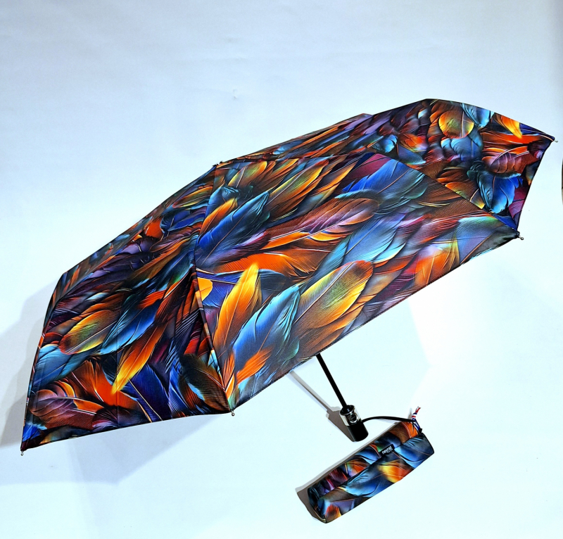 Parapluie mini pliant auto ouvrant fermant imprimé plumes colorées Neyrat Français - léger & résistant