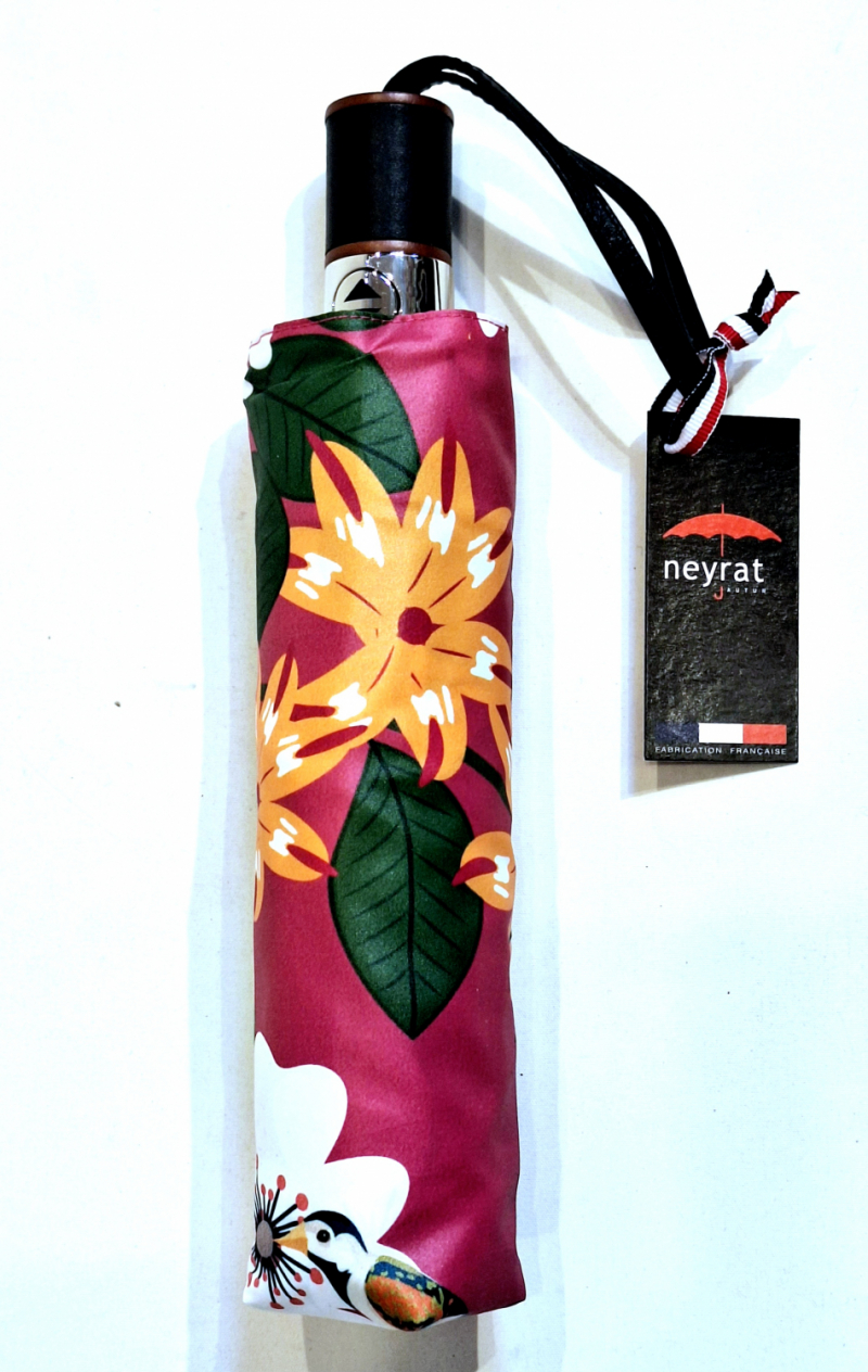 Parapluie mini pliant auto ouvrant fermant rose imprimé plantes exotiques & Toucan Neyrat Autun - léger & résistant