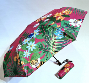 Parapluie mini pliant auto ouvrant fermant rose imprimé plantes exotiques & Toucan Neyrat Autun - léger & résistant