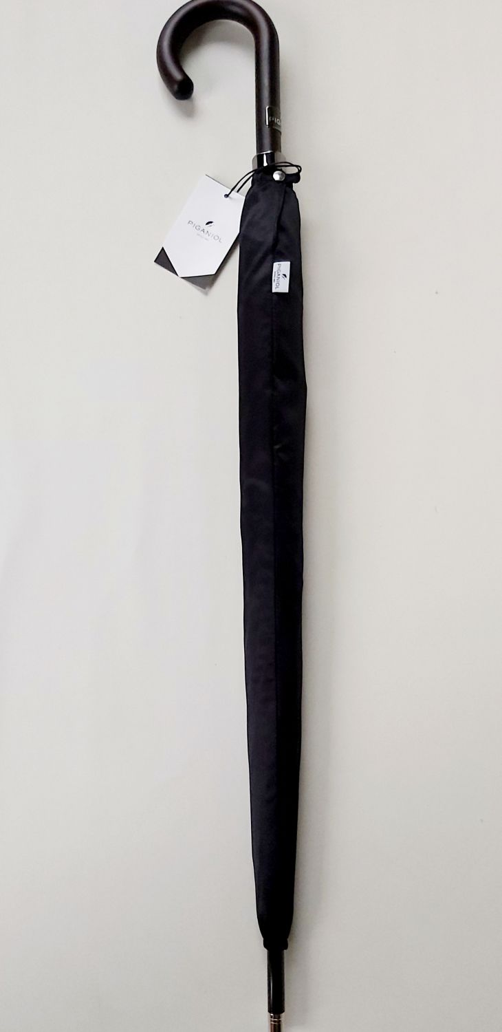 Parapluie long haut de gamme Piganiol uni noir tissu satin automatique pgn bois foncé - Elégant & résistant