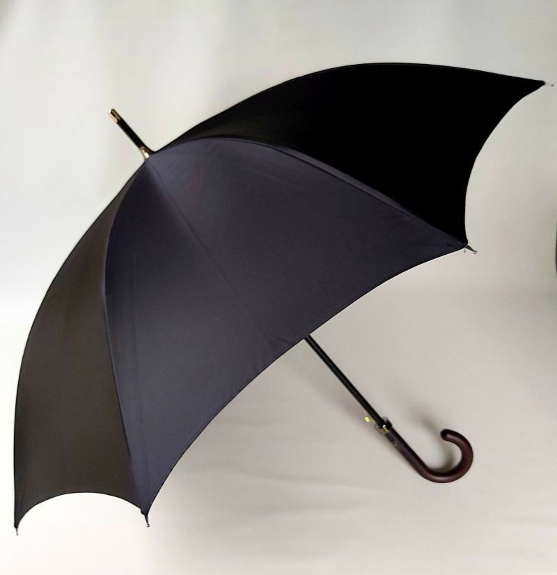 Parapluie long haut de gamme Piganiol uni noir tissu satin automatique pgn bois foncé - Elégant & résistant
