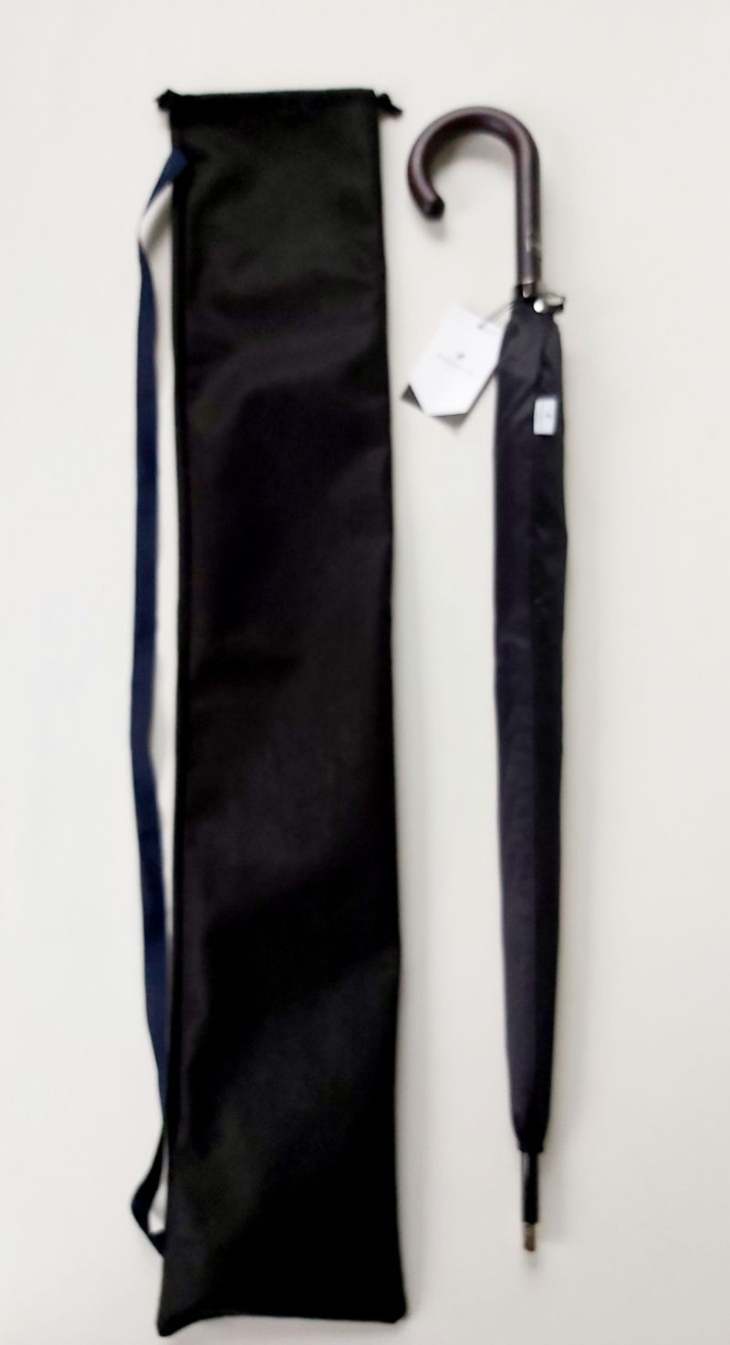 Parapluie long haut de gamme Piganiol uni noir tissu satin automatique pgn bois foncé - Elégant & résistant