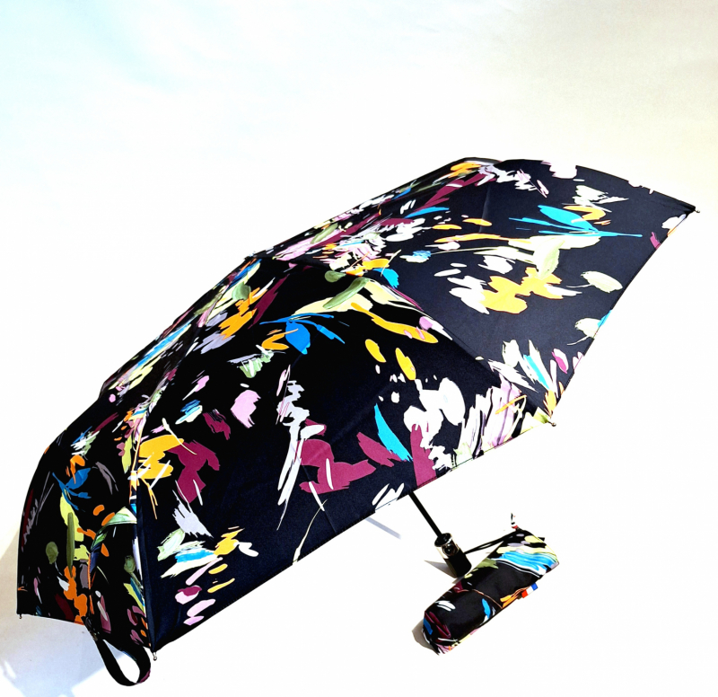 Parapluie mini pliant automatique noir imprimé fleurs peintes Neyrat Autun - Original et résistant