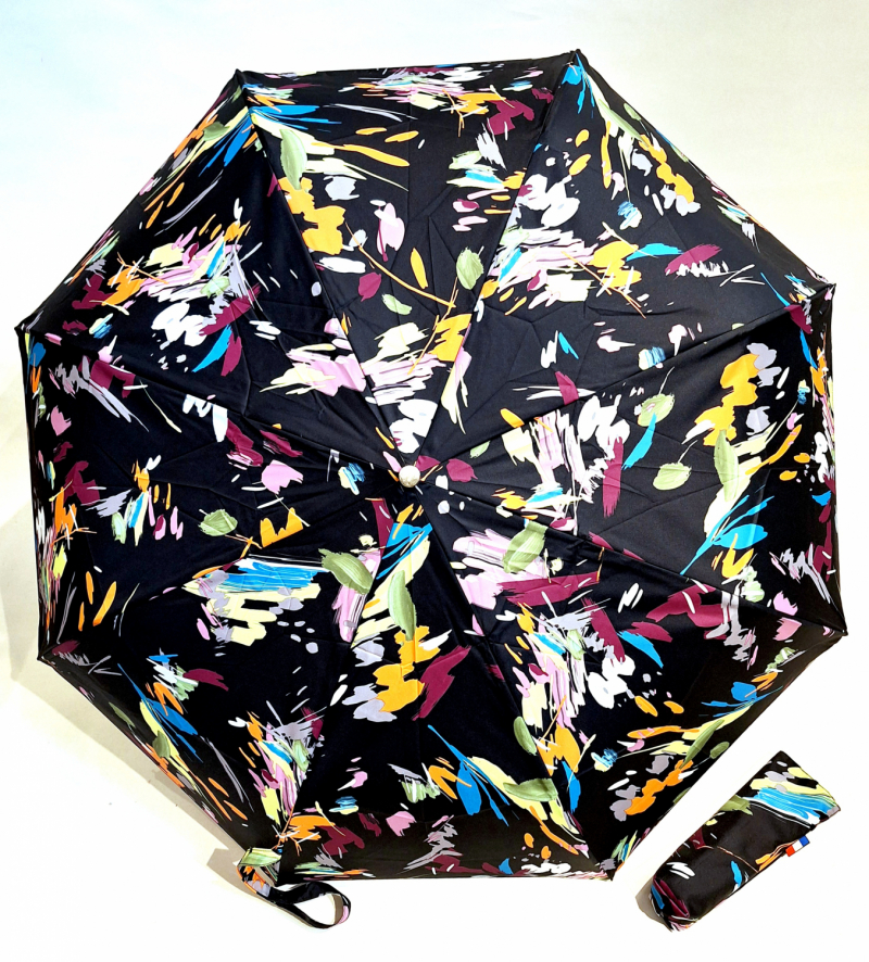 Parapluie mini pliant automatique noir imprimé fleurs peintes Neyrat Autun - Original et résistant
