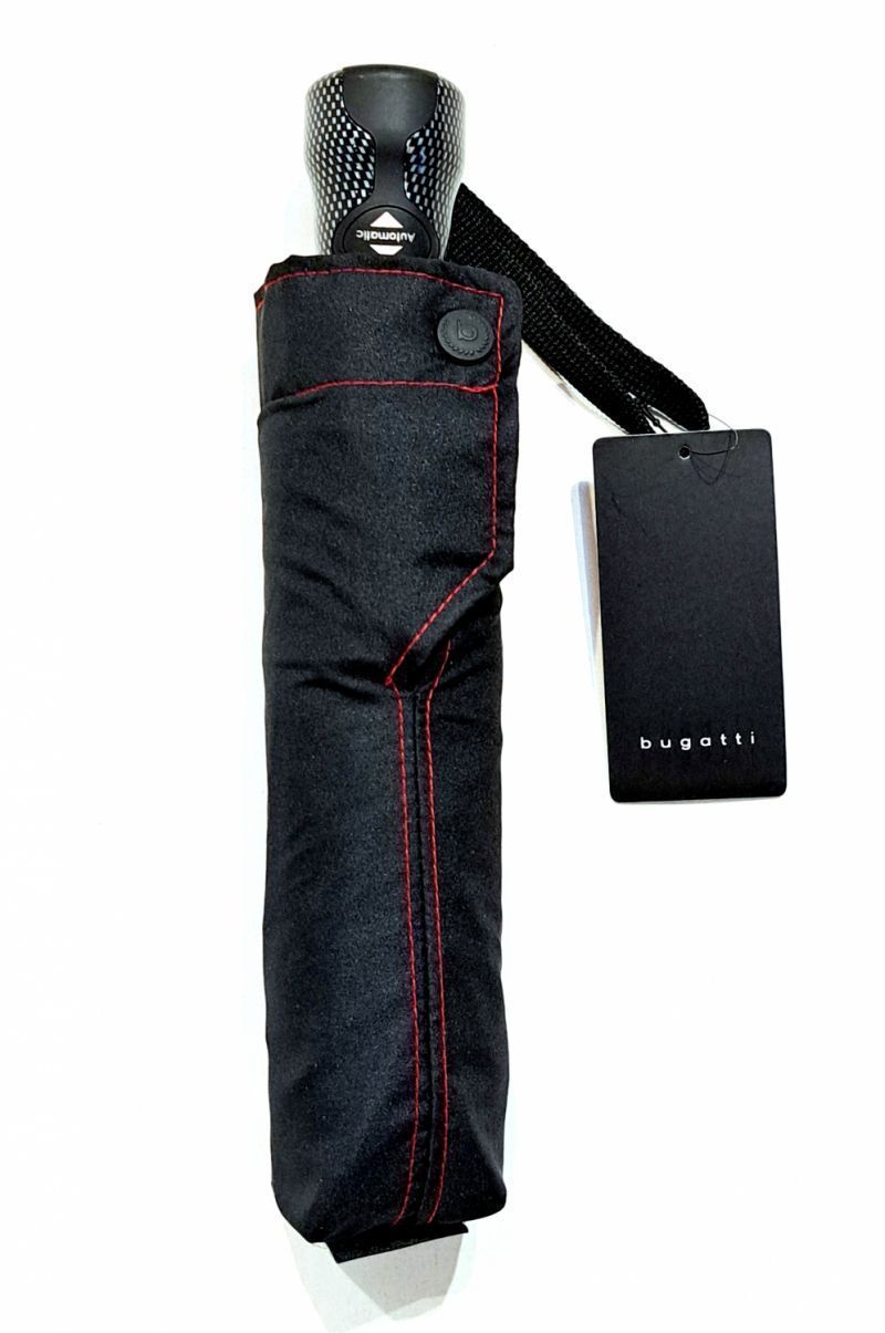 NEW : Coffret Parapluie mini pliant Bugatti uni noir surpiqué rouge open close high-tech - Léger & solide