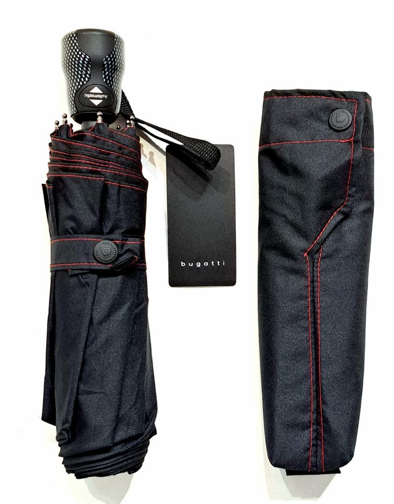 NEW : Coffret Parapluie mini pliant Bugatti uni noir surpiqué rouge open close high-tech - Léger & solide