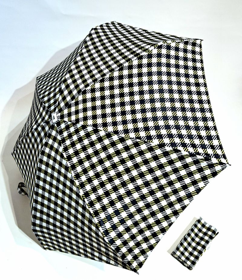  Parapluie micro plat de poche Vichy blanc - noir & vert - WILTON - Léger 220g & solide 7 br TOP