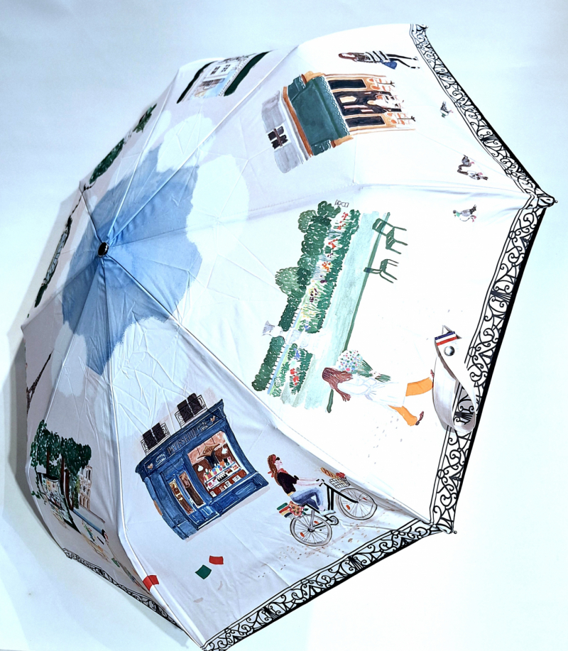 Parapluie pliant français automatique Blanc imprimé Vie Parisienne - anti UV - Original & Coll. Montoniol