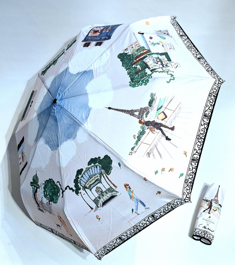 Parapluie pliant français automatique Blanc imprimé Vie Parisienne - anti UV - Original & Coll. Montoniol