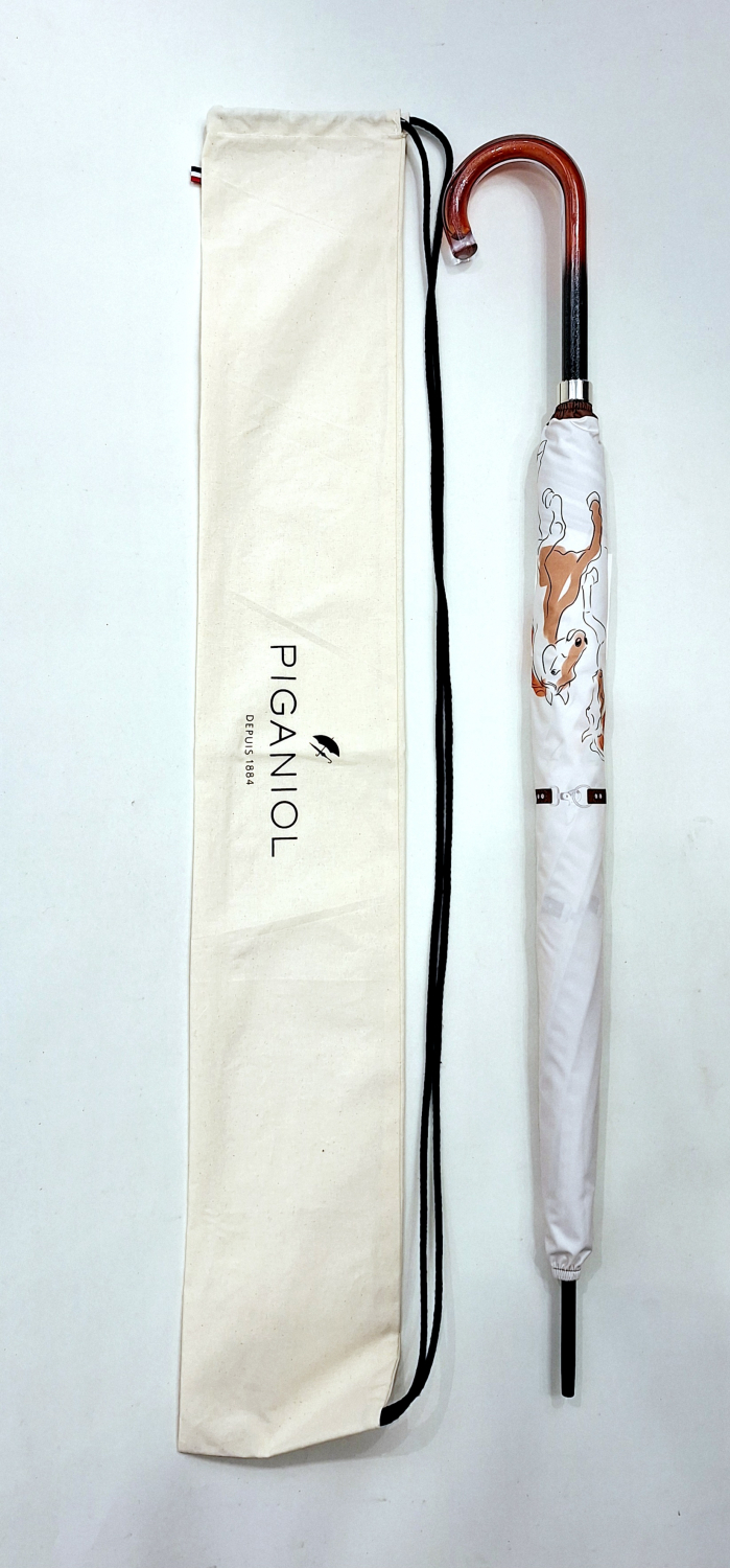 Parapluie grand manuel blanc imprimé chevaux Alesan anti uv UPF50+ Piganiol - léger & résistant