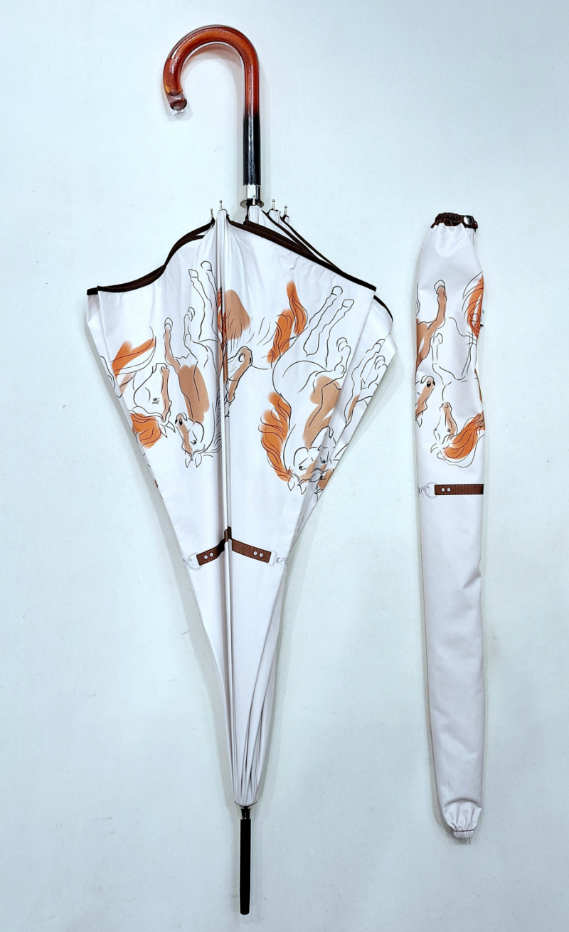Parapluie grand manuel blanc imprimé chevaux Alesan anti uv UPF50+ Piganiol - léger & résistant