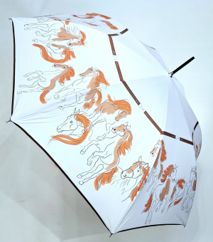 Parapluie grand manuel blanc imprimé chevaux Alesan anti uv UPF50+ Piganiol - léger & résistant