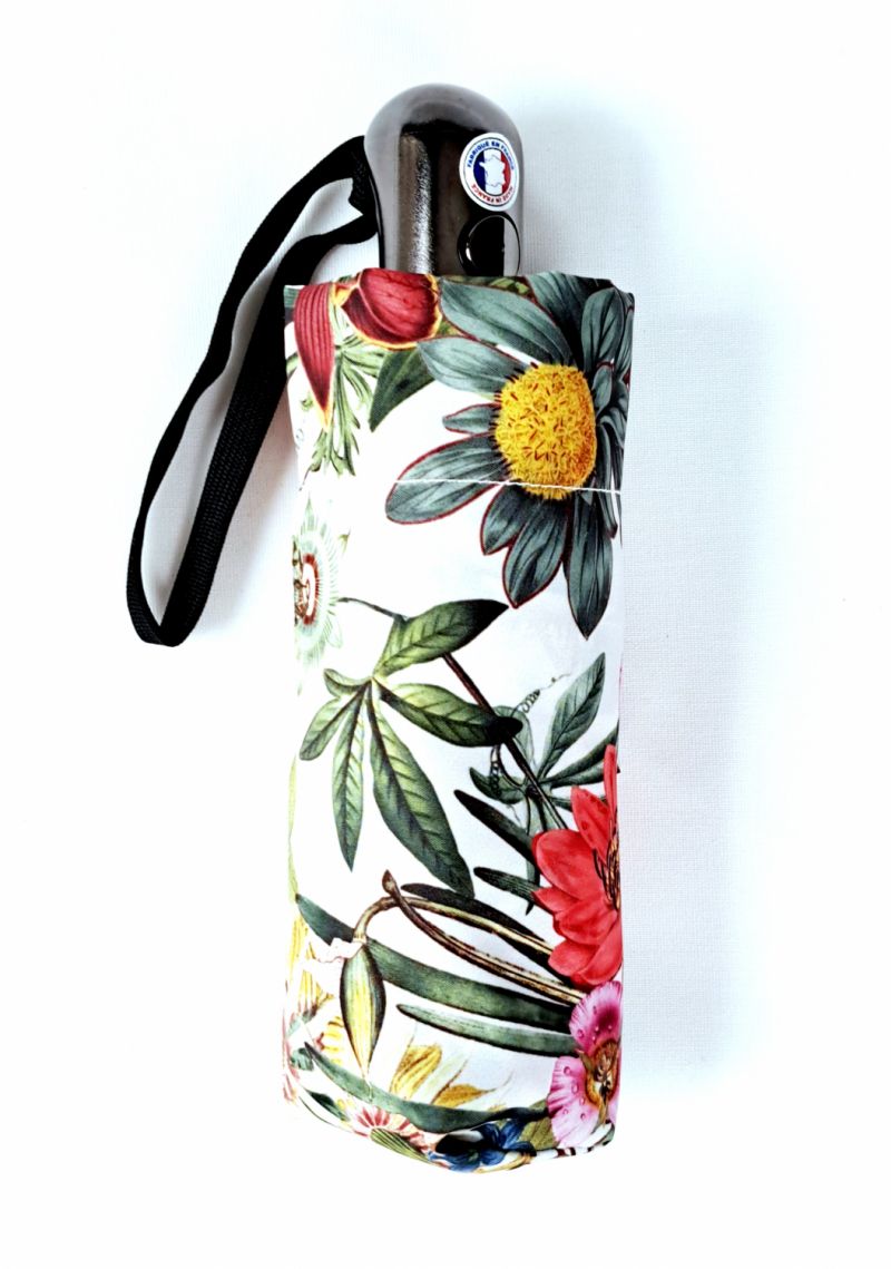 Parapluie femme de poche micro blanc ouvrant fermant imprimé de fleurs colorés Guy de Jean - léger et solide