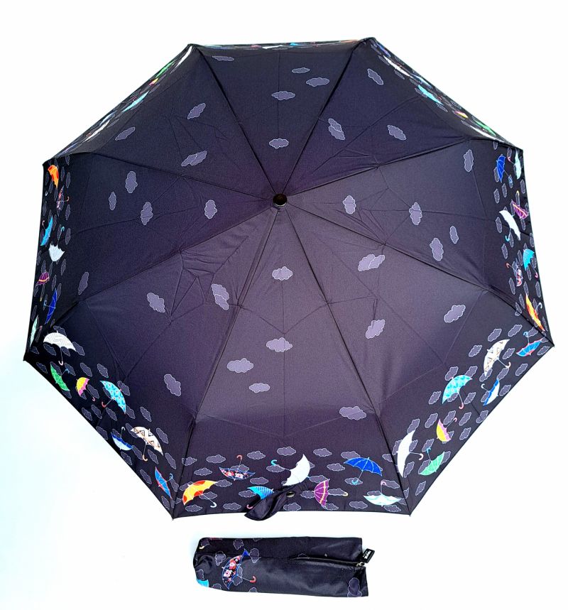 Parapluie pliant noir imprimé parapluies dans le vent ouvrant & fermant Neyrat Autun - Léger & solide