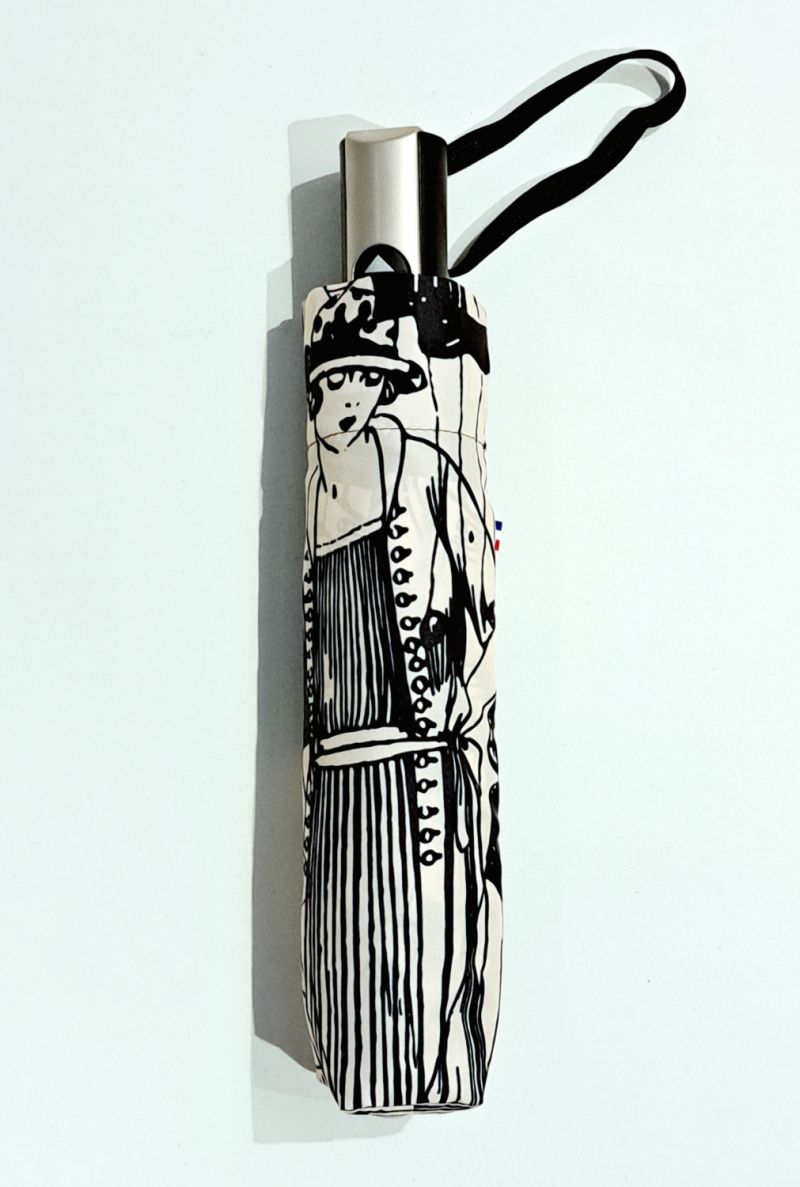 Parapluie mini pliant open close beige & noir imprimé Silhouette années 30 français - solide & résistant