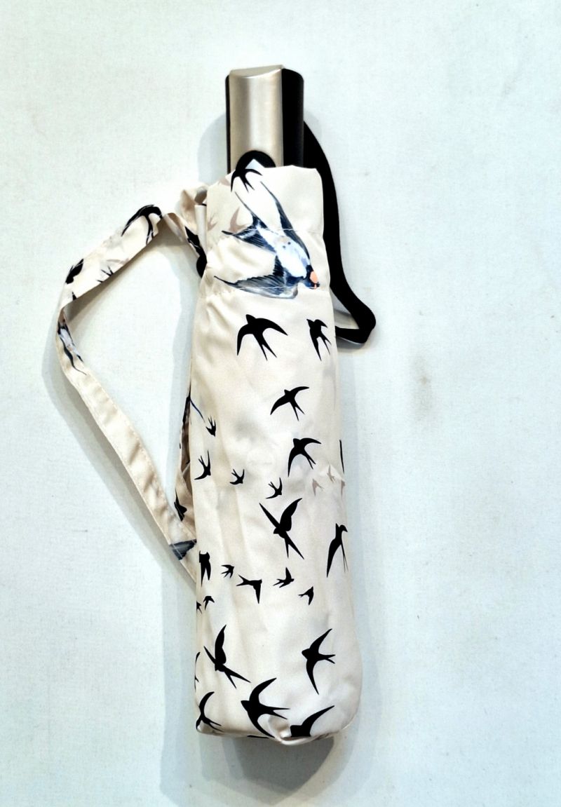 Parapluie mini pliant open close ecru imprimé d'hirondelles français - solide & résistant