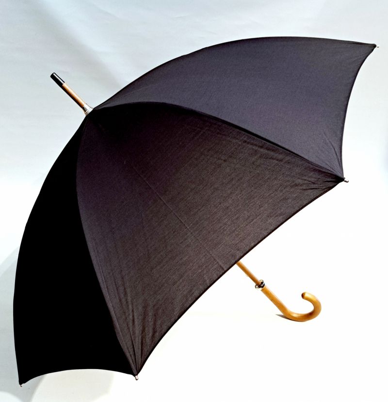 Parapluie Berger grand manuel uni coton noir poignée bois hêtre français - Large 115 diam & élégant