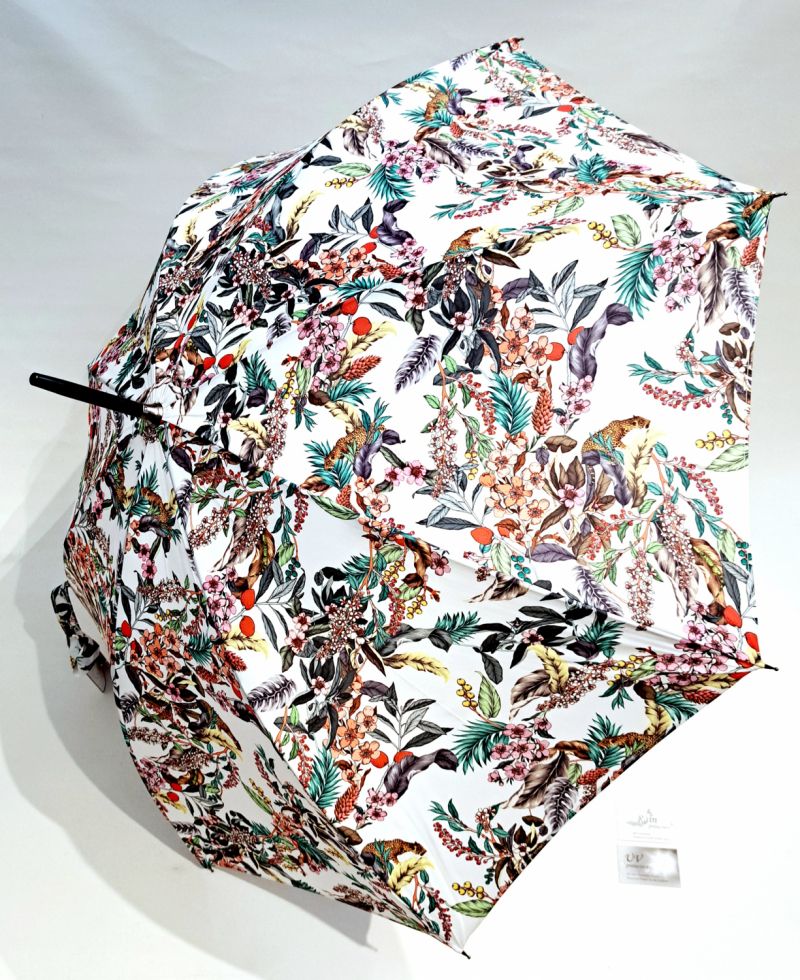 Parapluie long blanc imprimé de fleurs et fruits colorés Jungle - Anti uv à 97% - Grand & solide