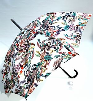 Parapluie long blanc imprimé de fleurs et fruits colorés Jungle - Anti uv à 97% - Grand & solide