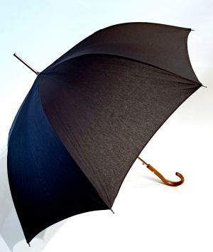 Parapluie long en coton noir anti uv auto & poignée courbe bois foncé- grande ombrelle légère anti uv à 98%