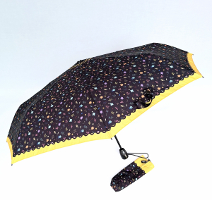 Parapluie pliant automatique ouvrant fermant noir imprimé fleuri coloré Neyrat - Léger & solide