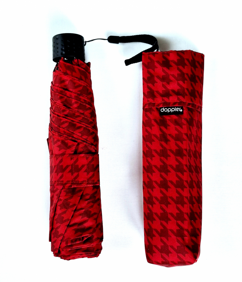 Parapluie Doppler PLUME mini Fiber Havanna imprimé pied de poule rouge & noir- Super léger 140g & Pas cher