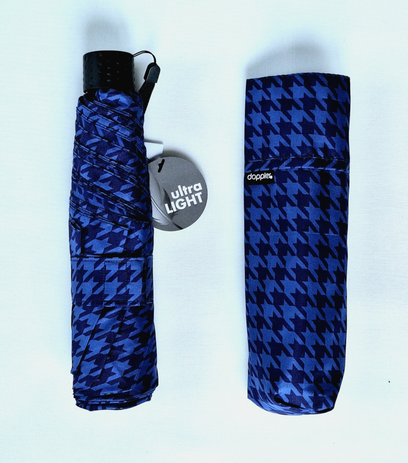 Parapluie Doppler PLUME mini Fiber Havanna imprimé pied de poule bleu roi & noir- Super léger 140g & Pas cher