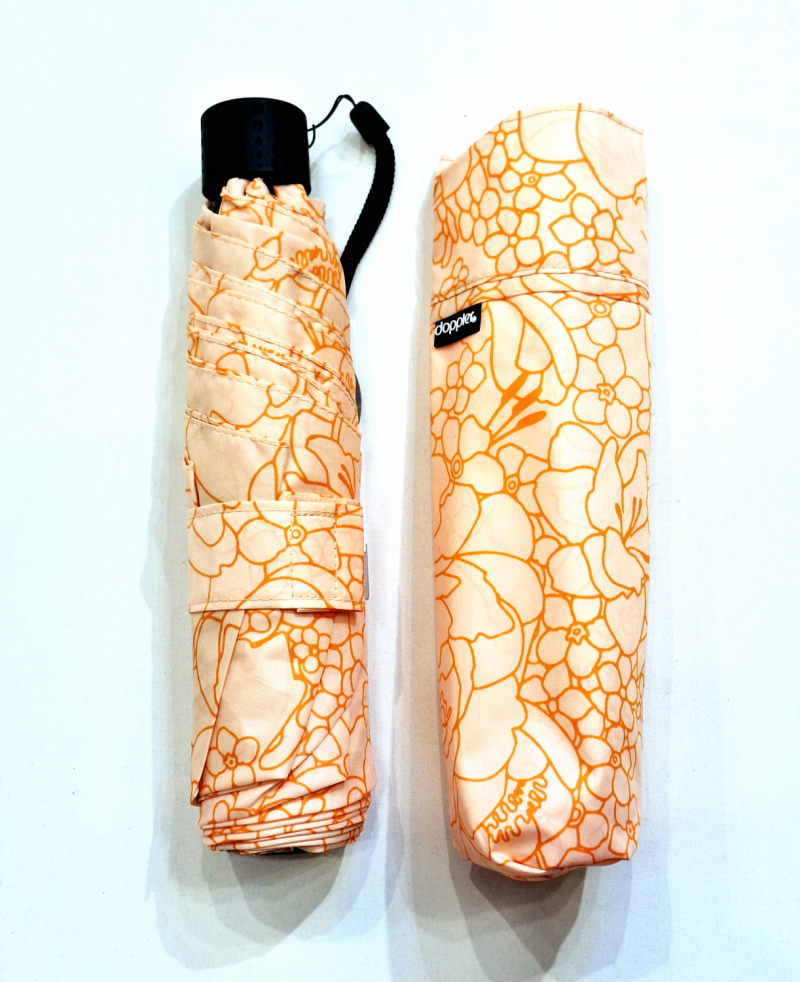 Parapluie Doppler PLUME pliant Fiber Havanna orange imprimé fleurs lilas - Super léger 140g & Pas cher