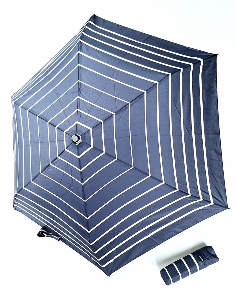 Parapluie Doppler PLUME pliant Fiber Havanna imprimé bleu marine rayé - Super léger 140g & Pas cher