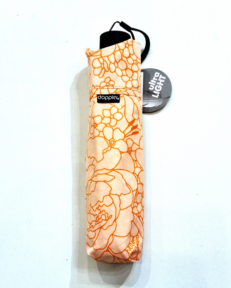 Parapluie Doppler PLUME pliant Fiber Havanna orange imprimé fleurs lilas - Super léger 140g & Pas cher