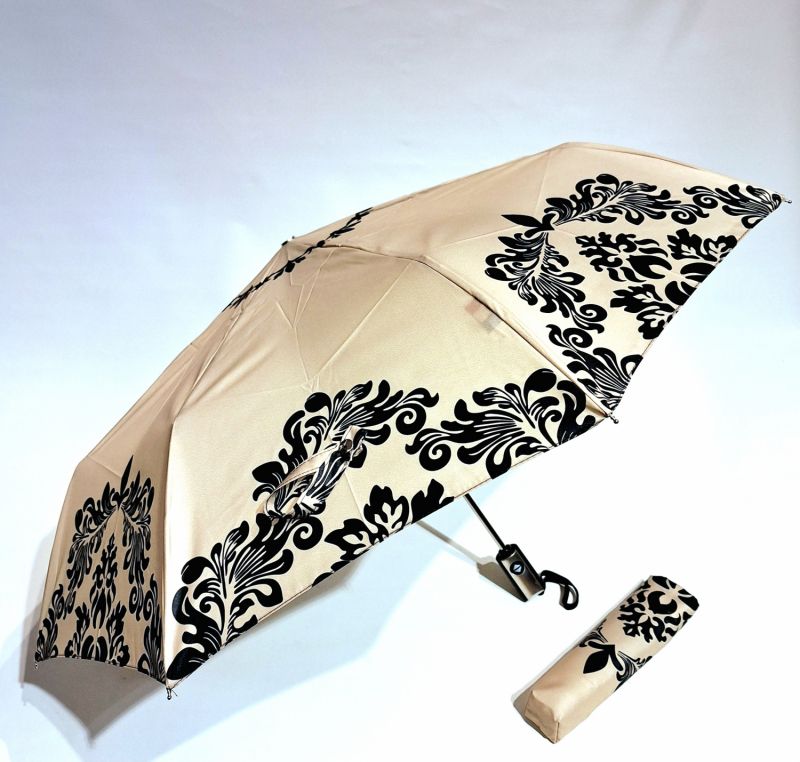 Parapluie mini pliant open close beige & noir imprimé bord floral français - solide & résistant