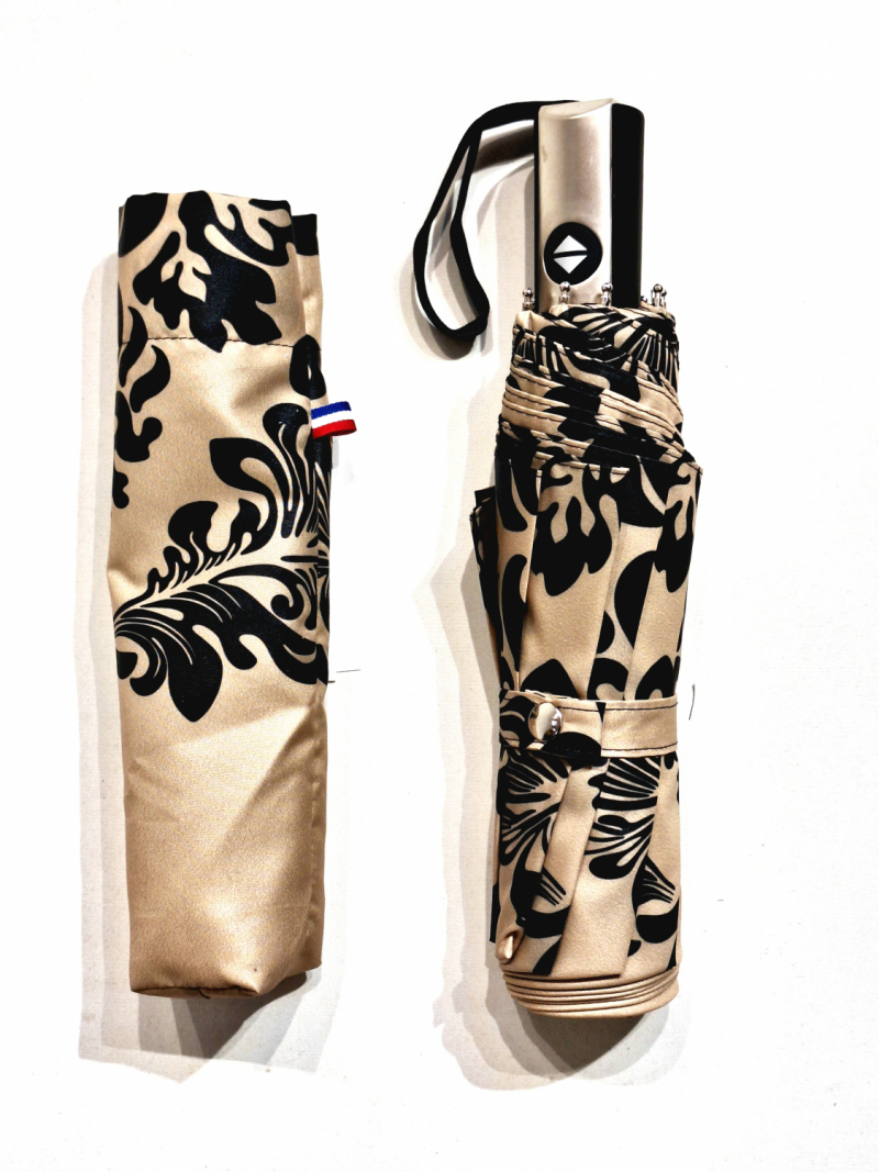 Parapluie mini pliant open close beige & noir imprimé bord floral français - solide & résistant