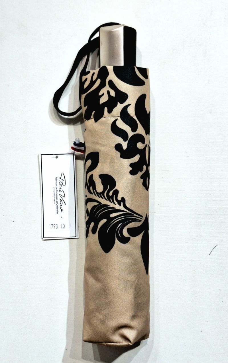 Parapluie mini pliant open close beige & noir imprimé bord floral français - solide & résistant