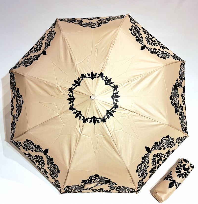 Parapluie mini pliant open close beige & noir imprimé bord floral français - solide & résistant