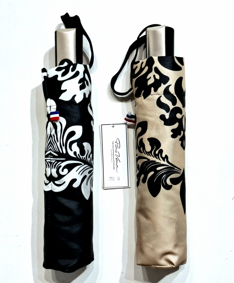 Parapluie mini pliant open close beige & noir imprimé bord floral français - solide & résistant