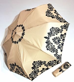 Parapluie mini pliant open close beige & noir imprimé bord floral français - solide & résistant