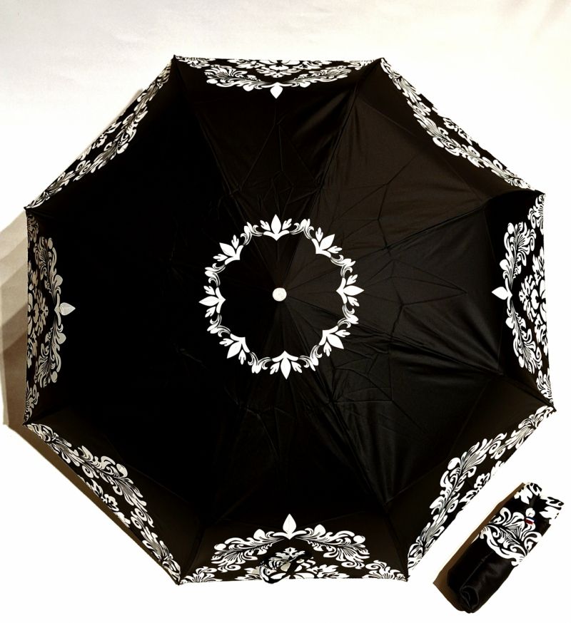 Parapluie mini pliant open close noir & blanc imprimé bord floral Vaux - Grand & robuste