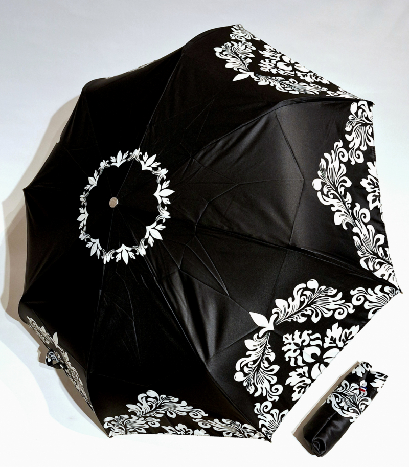 Parapluie mini pliant open close noir & blanc imprimé bord floral Vaux - Grand & robuste