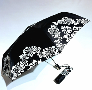Parapluie mini pliant open close noir & blanc imprimé bord floral Vaux - Grand & robuste