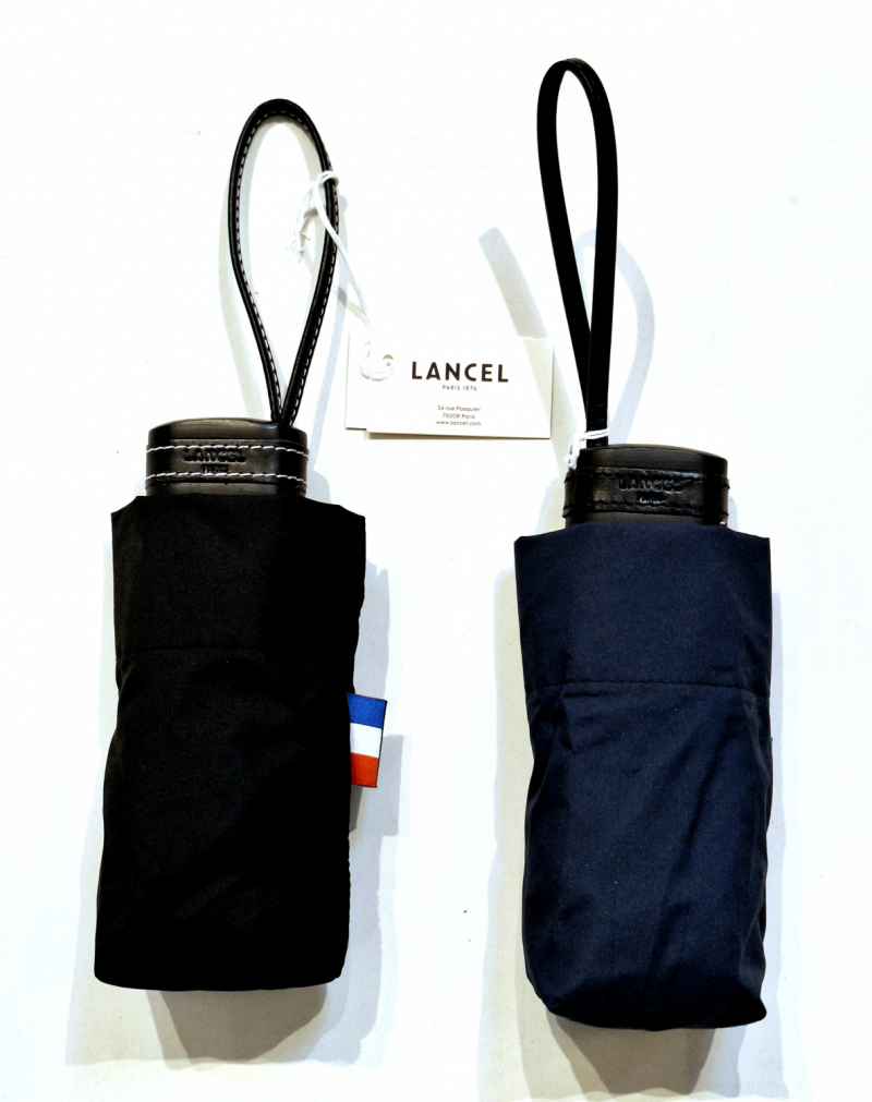 Parapluie Lancel petit micro plat uni noir poignée cuir Français - léger 220 g & solide 7 branches