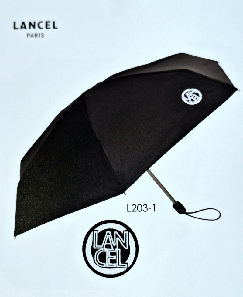 Parapluie Lancel petit micro plat uni noir poignée cuir Français - léger 220 g & solide 7 branches