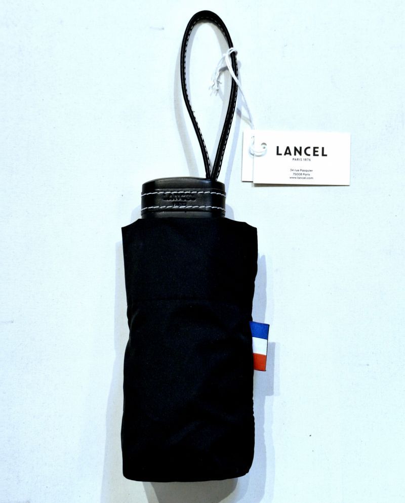 Parapluie Lancel petit micro plat uni noir poignée cuir Français - léger 220 g & solide 7 branches