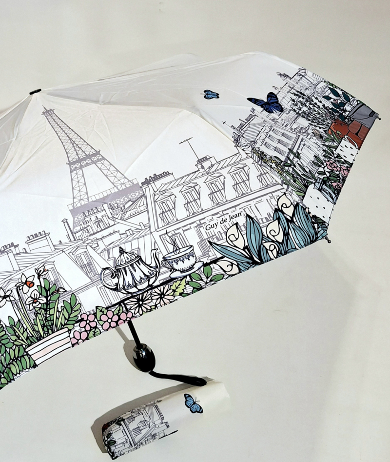 Parapluie pliant open close blanc imprimé AMELIE à Paris Guy de Jean - léger & solide