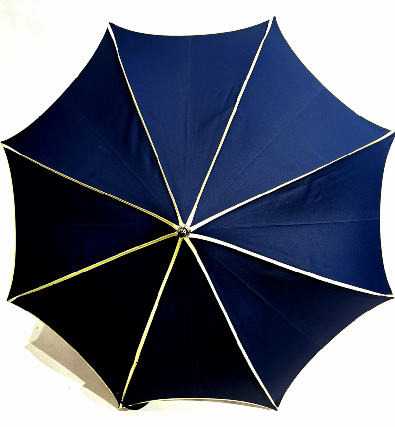  Parapluie long pagode uni bleu marine coton fin gansé jaune / Guy de Jean - ne se retourne pas & original