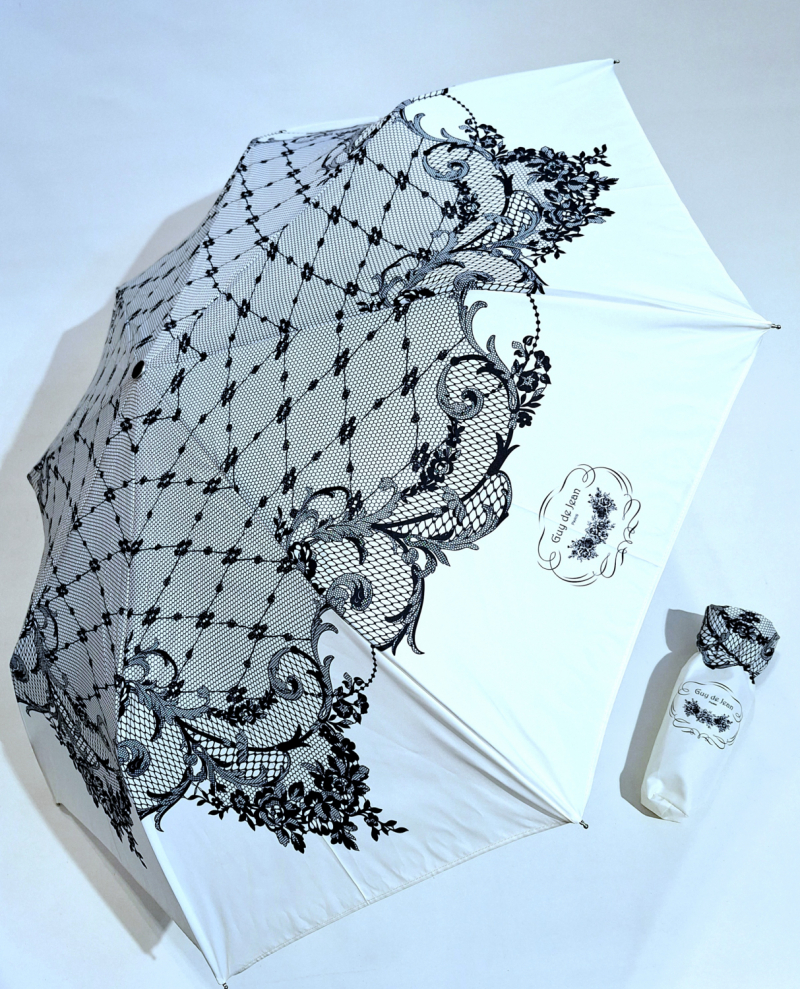 Parapluie mini pliant blanc dentelle noire automatique Français - élégant & solide